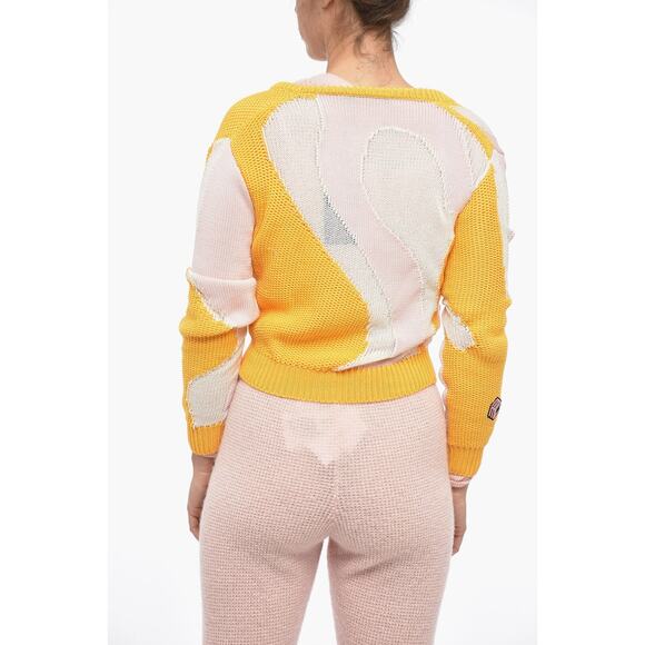 MCM See Through Inserts Color block Cotton Crop Cardigan Size S Yellow #1M455 - Picture 3 of 14